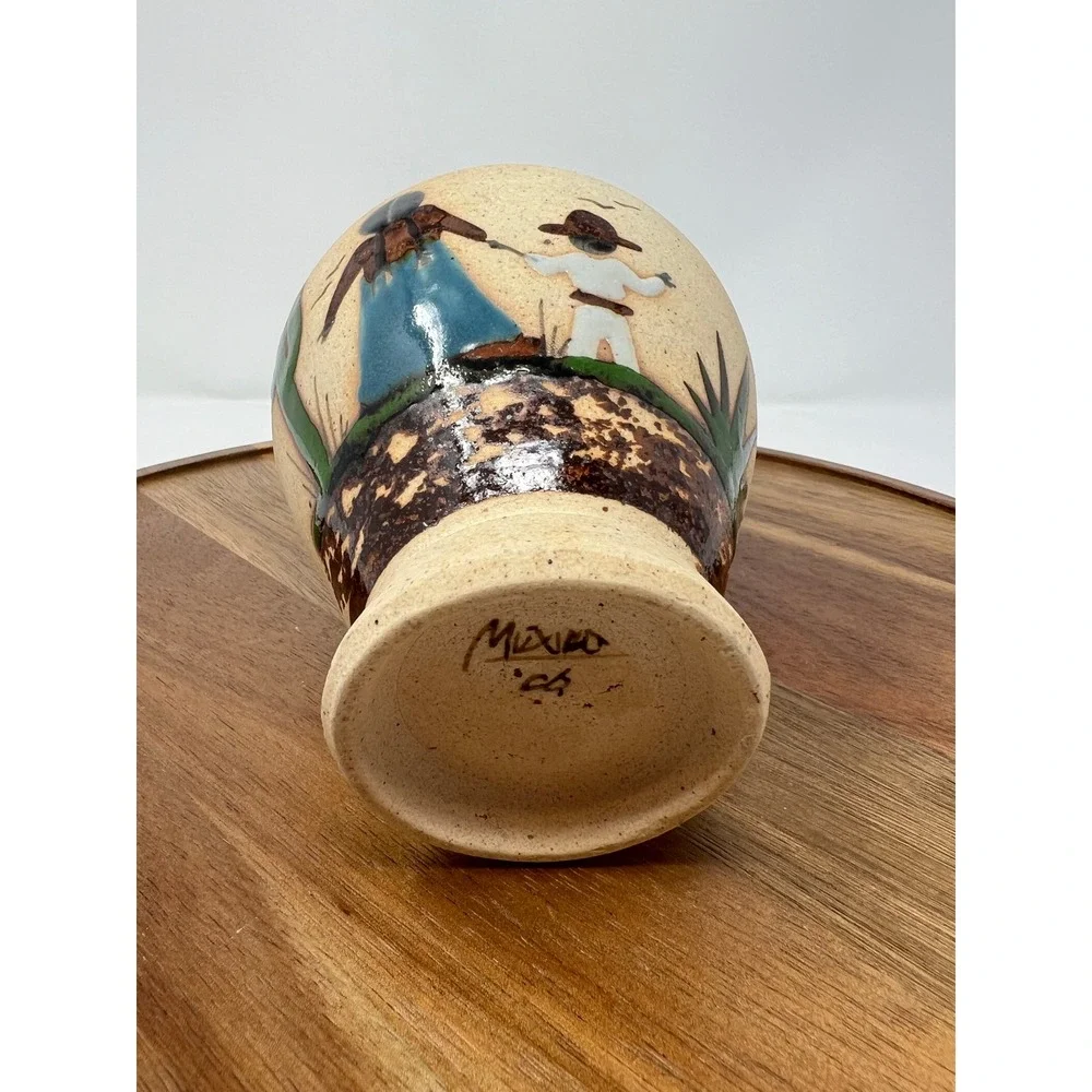 Mexican Pottery Vase Turquoise Teal Desert‎ Scene Cactus Figures '06